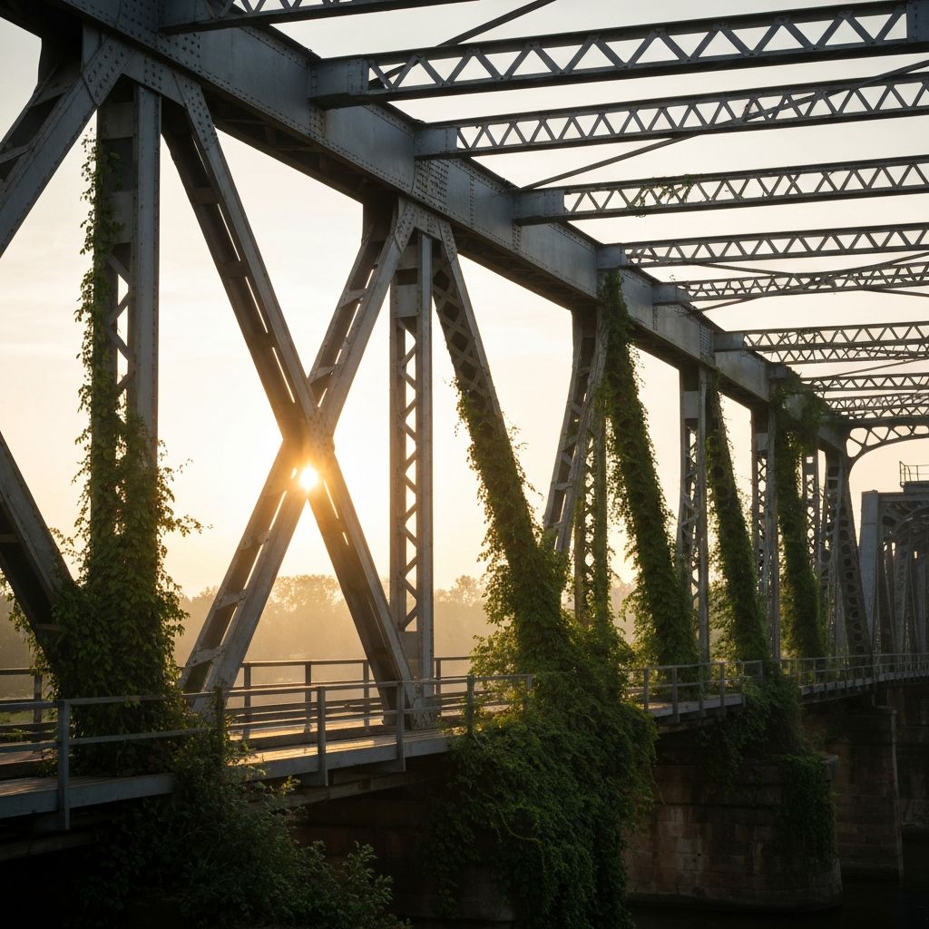 Industrial steel bridge with climbing green vines symbolizing strength and natural growth